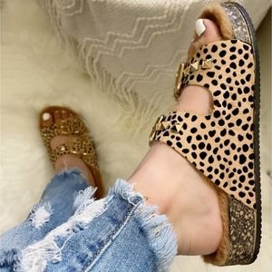 NEW Furry Leopard Print Slide On Sandals